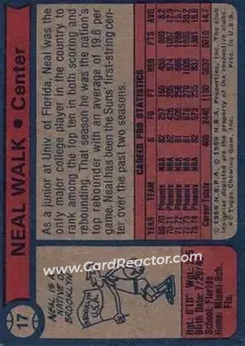 1974-75 Topps #17 - Neal Walk - Phoenix Suns - Back