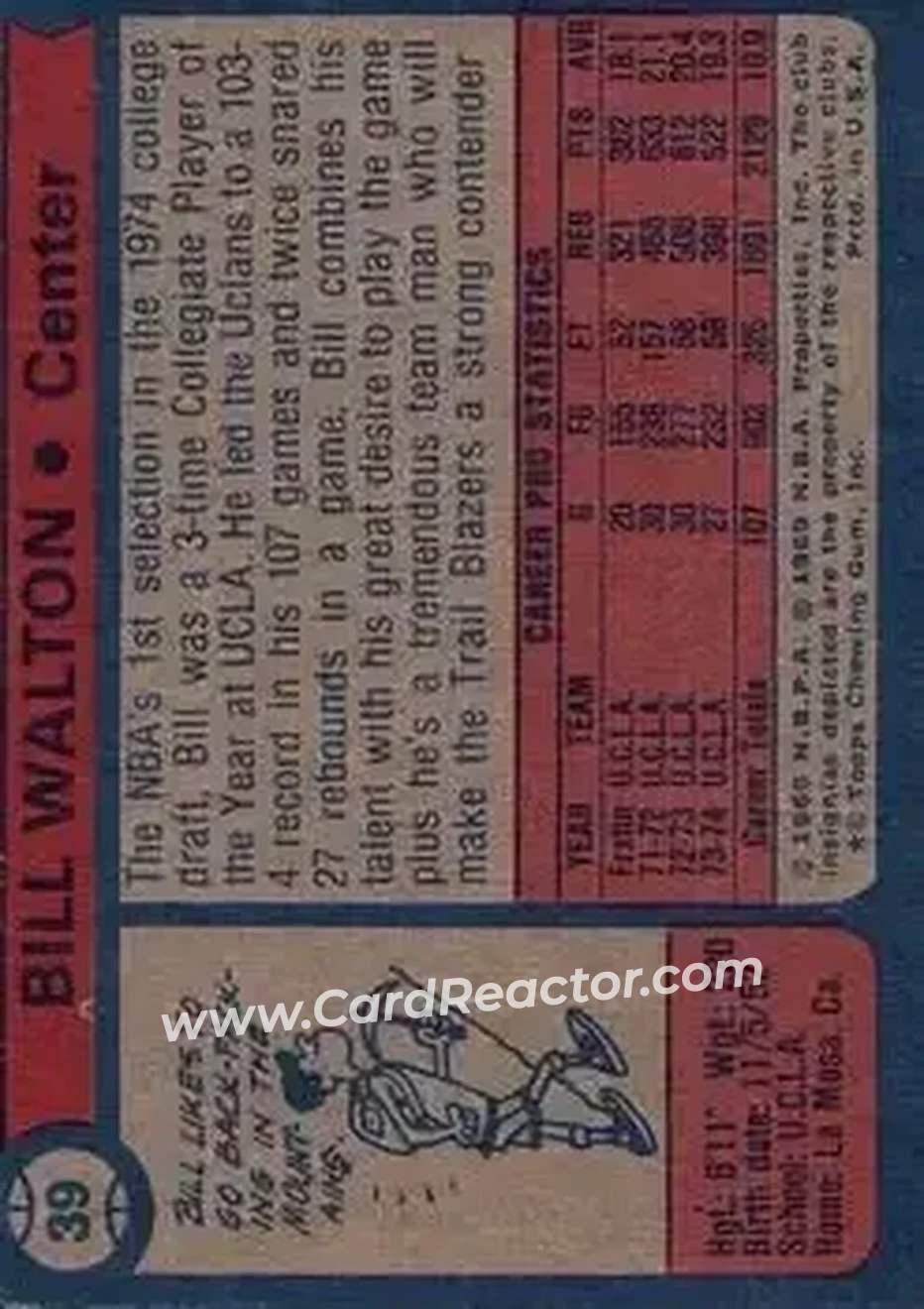 1974-75 Topps #39 - Bill Walton - Portland Trail Blazers - Back