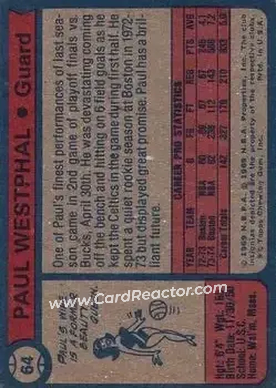 1974-75 Topps #64 - Paul Westphal - Boston Celtics - Back