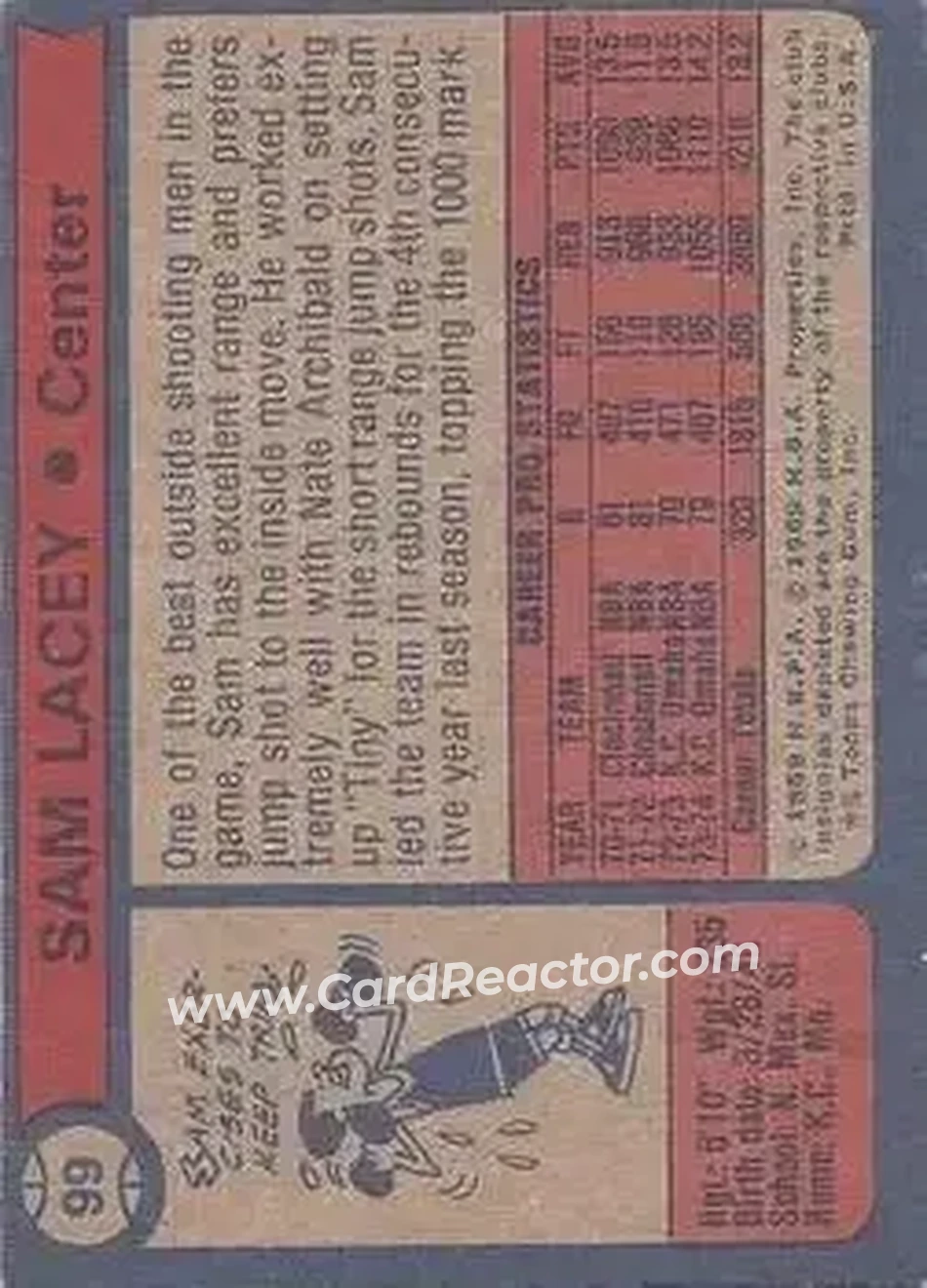 1974-75 Topps #99 - Sam Lacey - Kansas City-Omaha Kings - Back