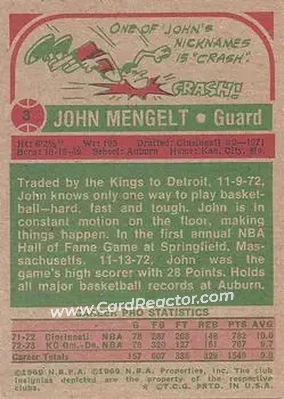 1973-74 Topps #3 - John Mengelt - Detroit Pistons - Back