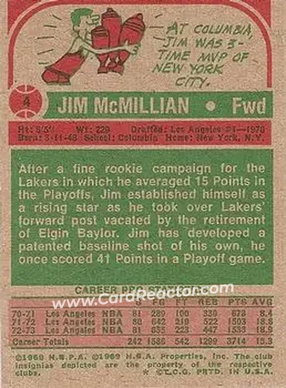 1973-74 Topps #4 - Jim McMillian - Los Angeles Lakers - Back