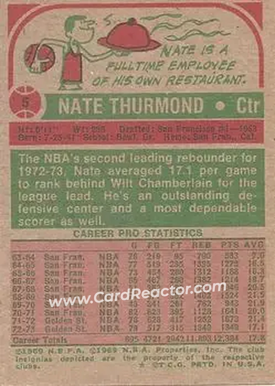 1973-74 Topps #5 - Nate Thurmond - Golden State Warriors - Back