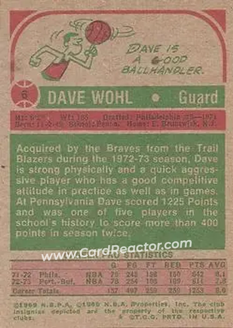 1973-74 Topps #6 - Dave Wohl - Buffalo Braves - Back