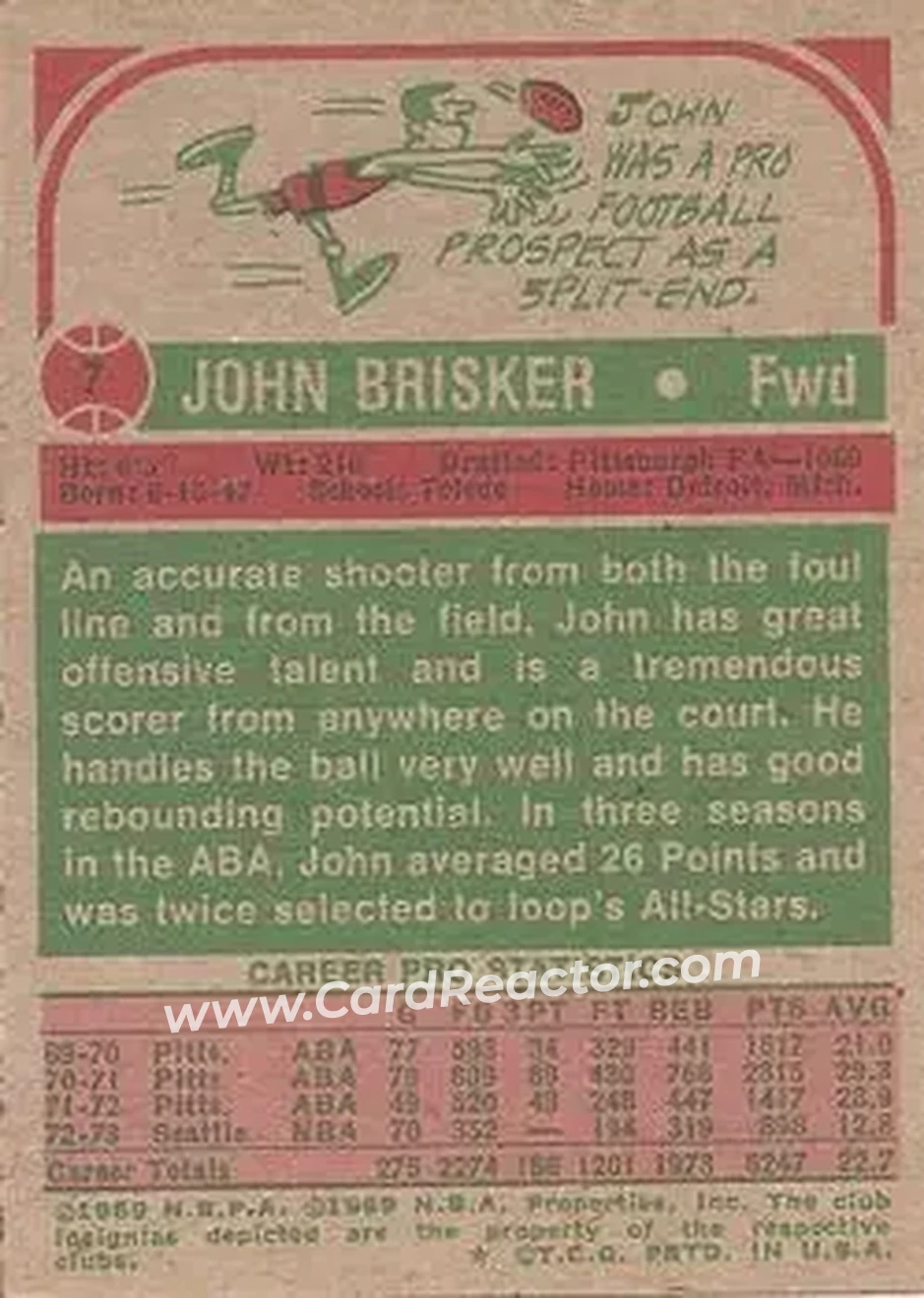 1973-74 Topps #7 - John Brisker - Seattle SuperSonics - Back