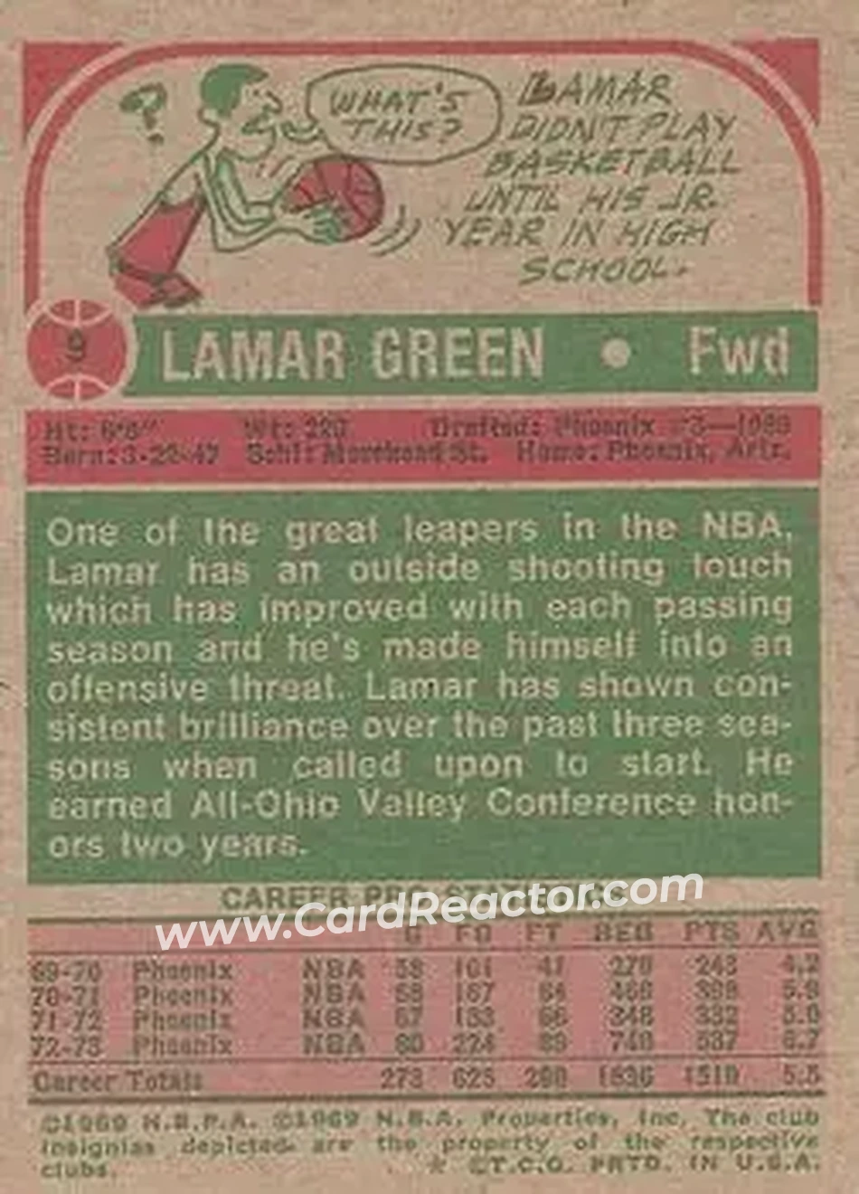 1973-74 Topps #9 - Lamar Green - Phoenix Suns - Back