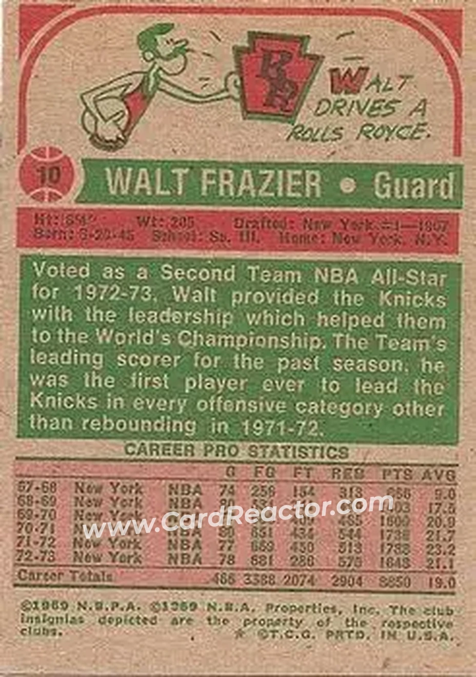 1973-74 Topps #10 - Walt Frazier - New York Knicks - Back