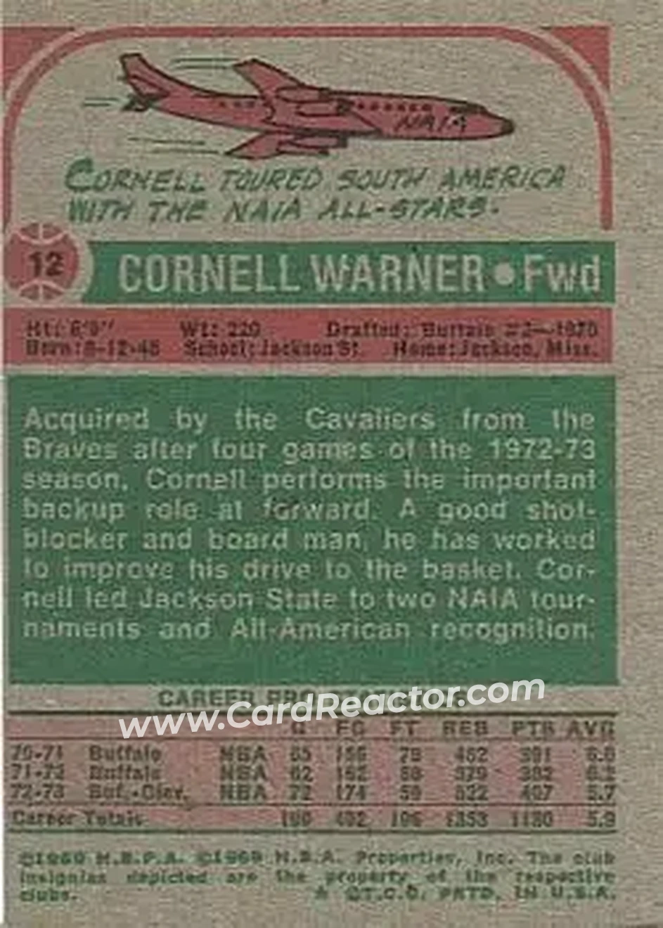 1973-74 Topps #12 - Cornell Warner - Cleveland Cavaliers - Back