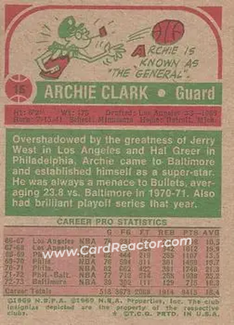 1973-74 Topps #15 - Archie Clark - Capital Bullets - Back