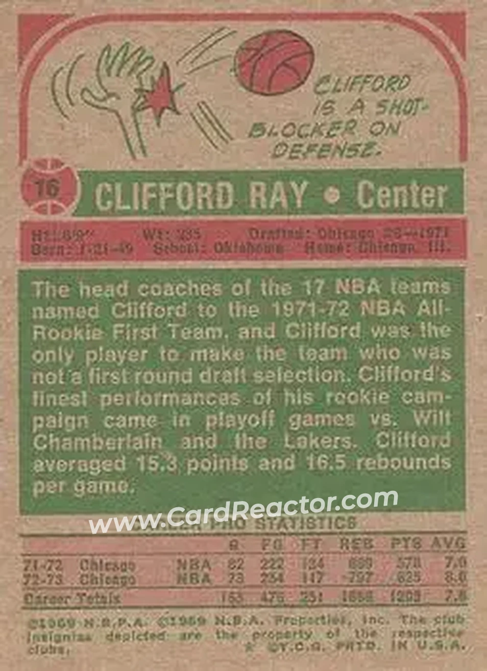 1973-74 Topps #16 - Clifford Ray - Chicago Bulls - Back