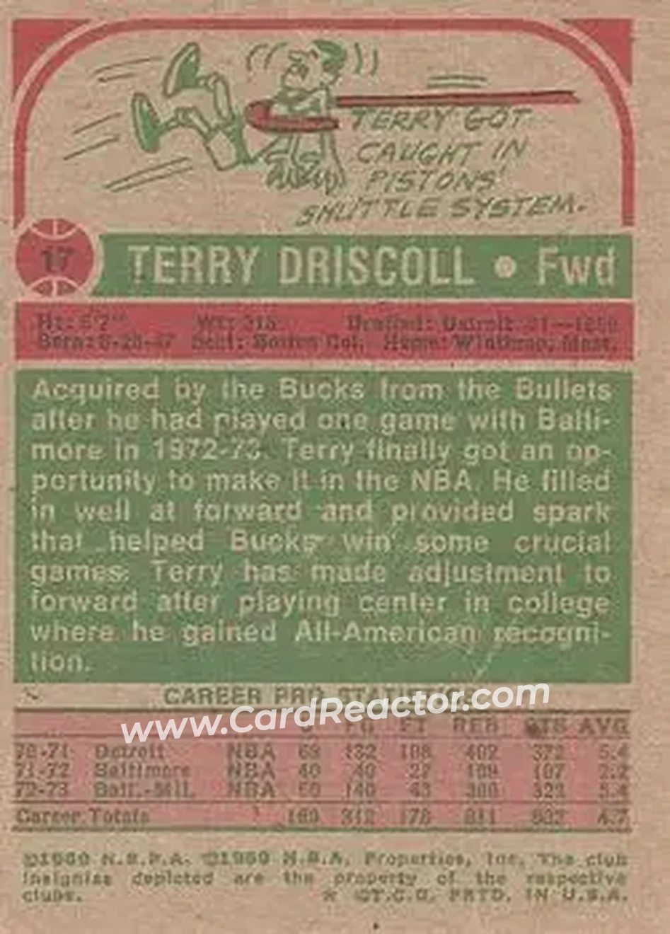 1973-74 Topps #17 - Terry Driscoll - Milwaukee Bucks - Back