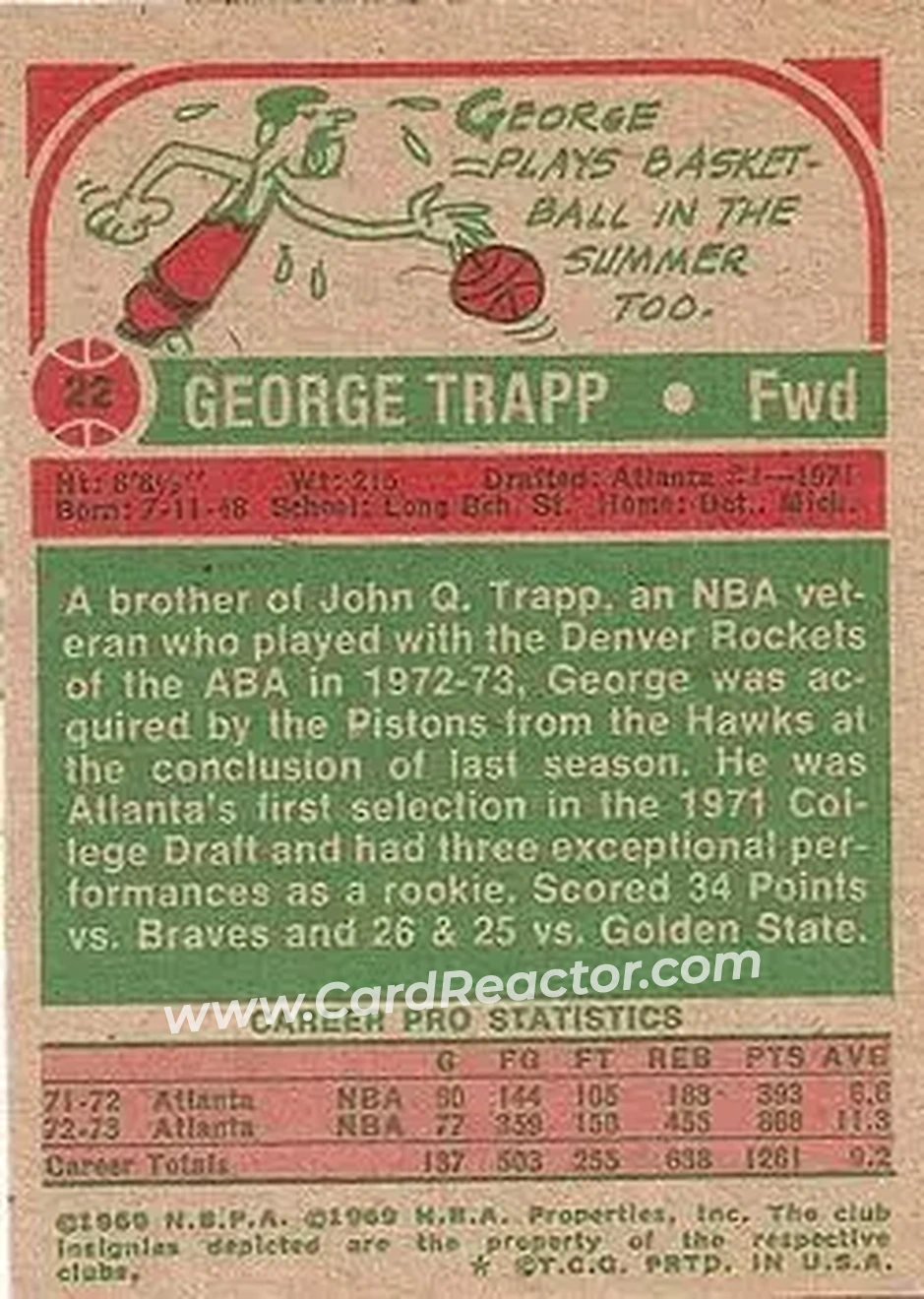 1973-74 Topps #22 - George Trapp - Detroit Pistons - Back
