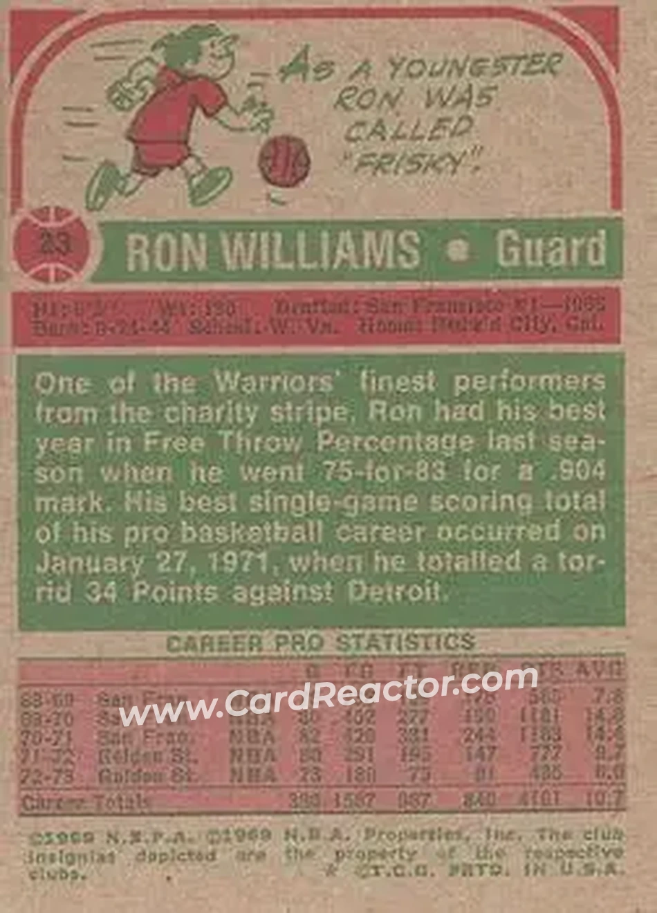 1973-74 Topps #23 - Ron Williams - Golden State Warriors - Back