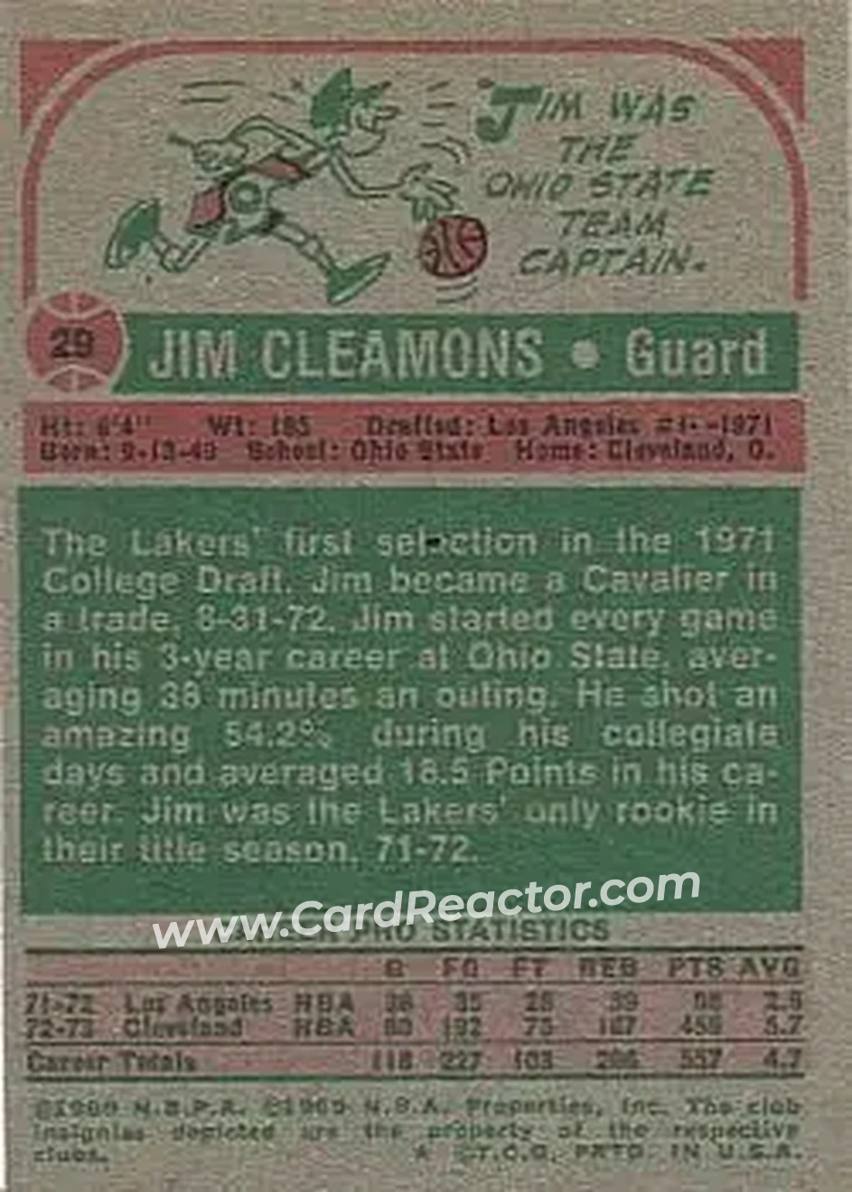 1973-74 Topps #29 - Jim Cleamons - Cleveland Cavaliers - Back