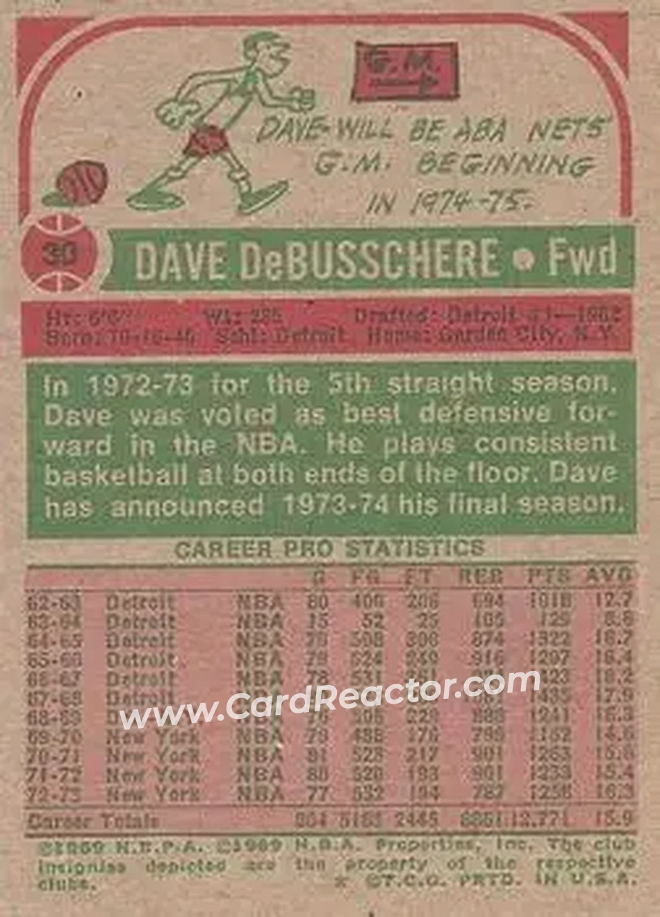 1973-74 Topps #30 - Dave DeBusschere - New York Knicks - Back 1973-74 Topps #30 - Dave DeBusschere - New York Knicks - Back