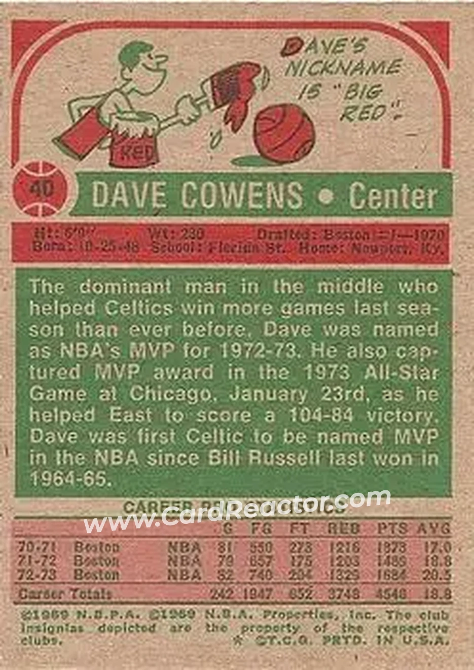 1973-74 Topps #40 - Dave Cowens - Boston Celtics - Back 1973-74 Topps #40 - Dave Cowens - Boston Celtics - Back