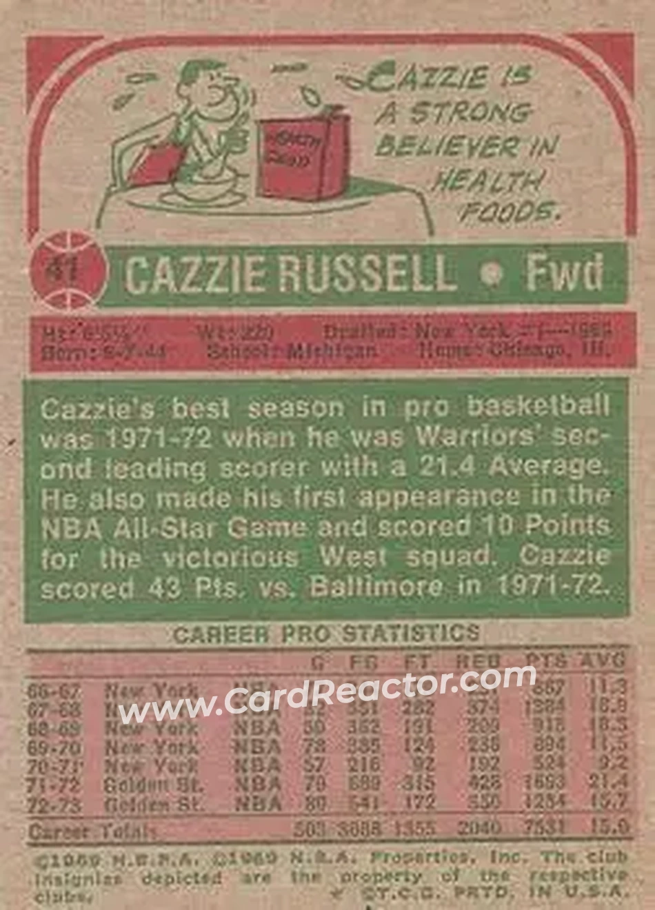 1973-74 Topps #41 - Cazzie Russell - Golden State Warriors - Back
