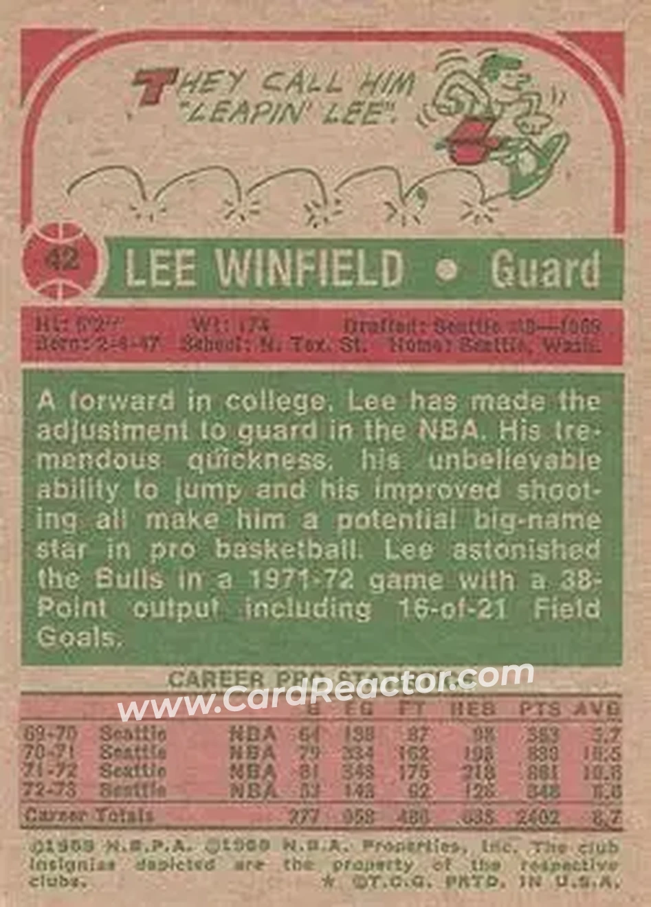 1973-74 Topps #42 - Lee Winfield - Seattle SuperSonics - Back