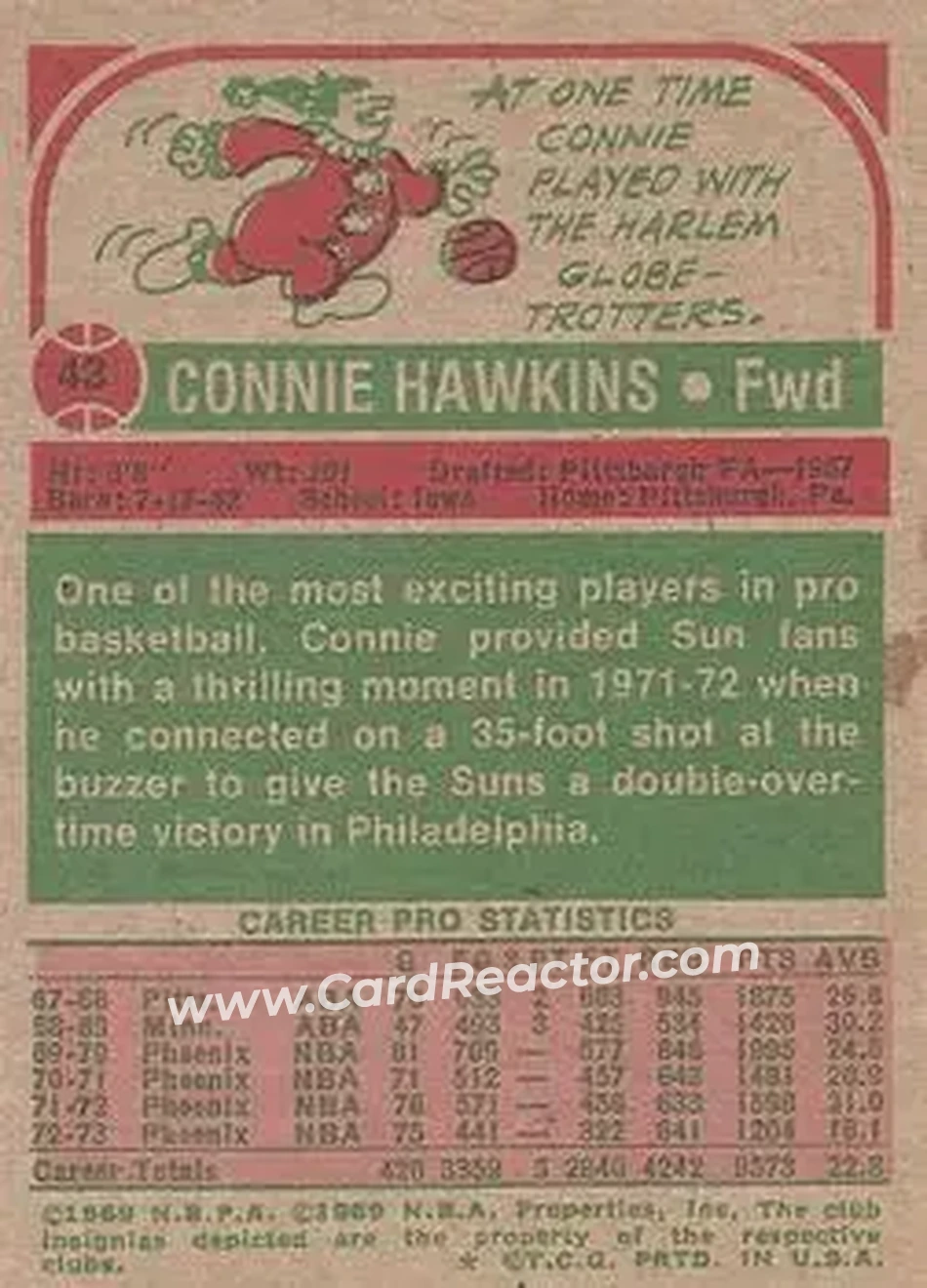 1973-74 Topps #43 - Connie Hawkins - Phoenix Suns - Back