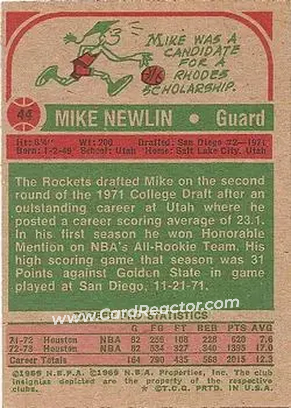 1973-74 Topps #44 - Mike Newlin - Houston Rockets - Back