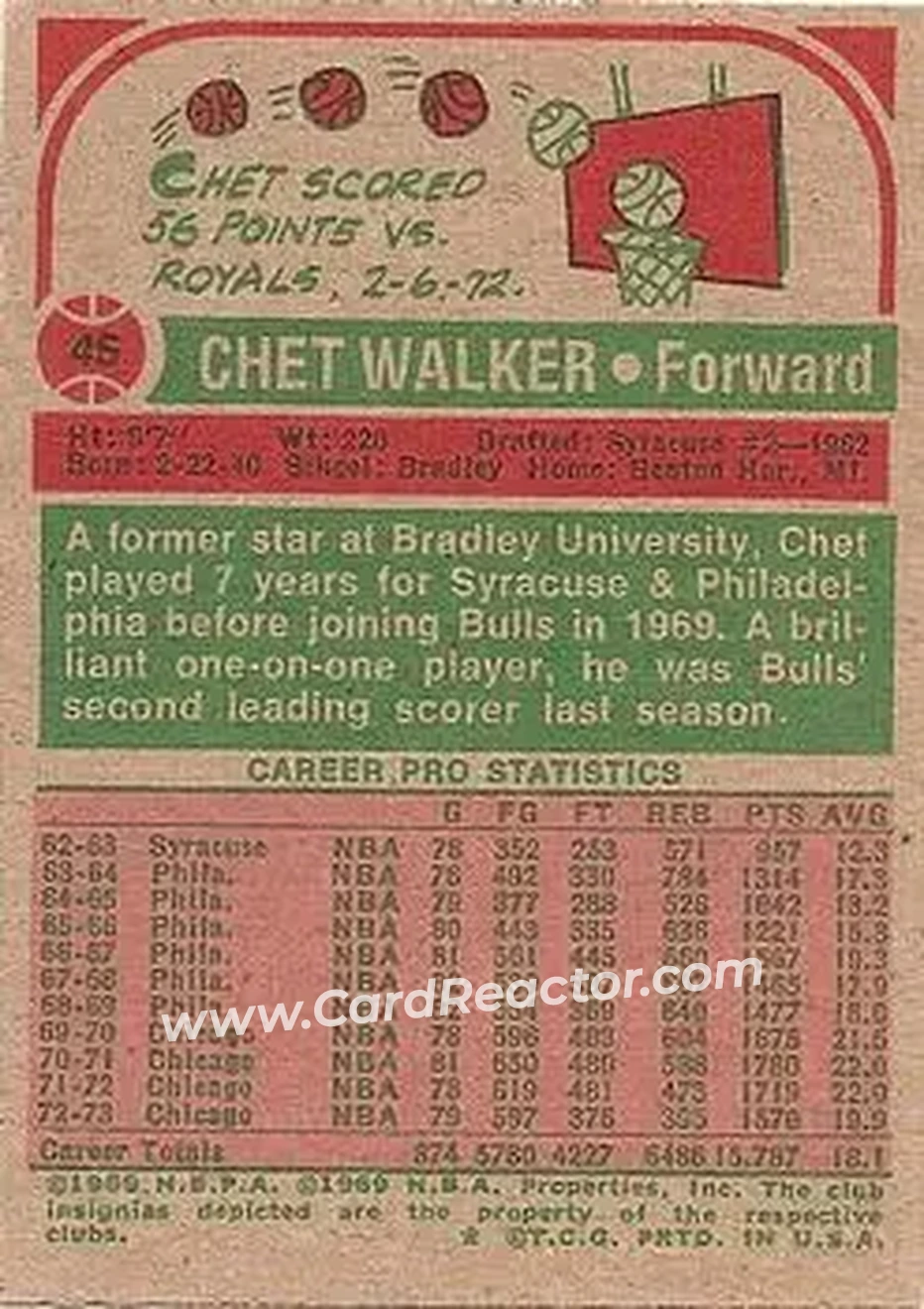 1973-74 Topps #45 - Chet Walker - Chicago Bulls - Back