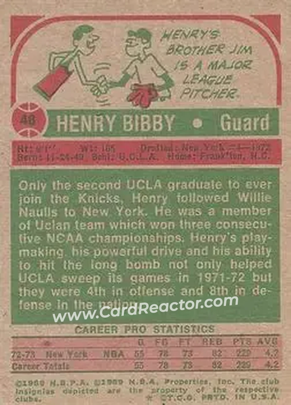 1973-74 Topps #48 - Henry Bibby - New York Knicks - Back