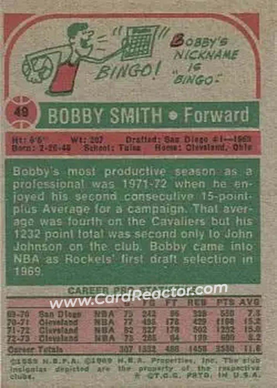 1973-74 Topps #49 - Bingo Smith - Cleveland Cavaliers - Back