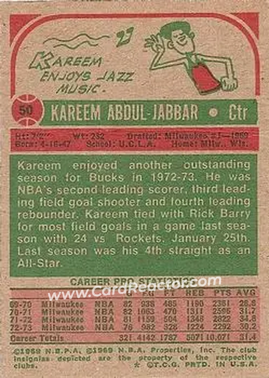 1973-74 Topps #50 - Kareem Abdul-Jabbar - Milwaukee Bucks - Back