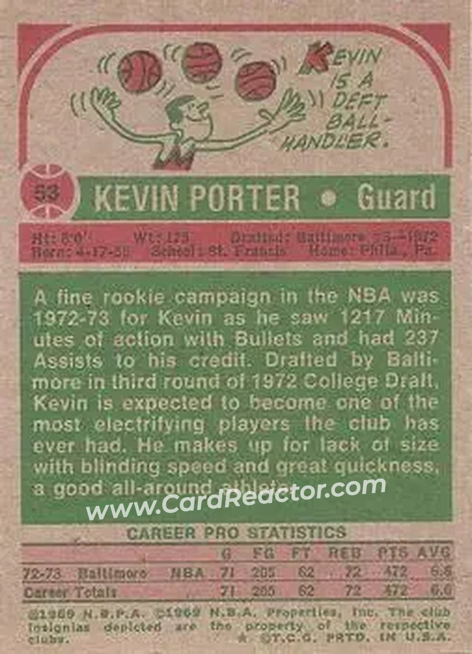 1973-74 Topps #53 - Kevin Porter - Capital Bullets - Back