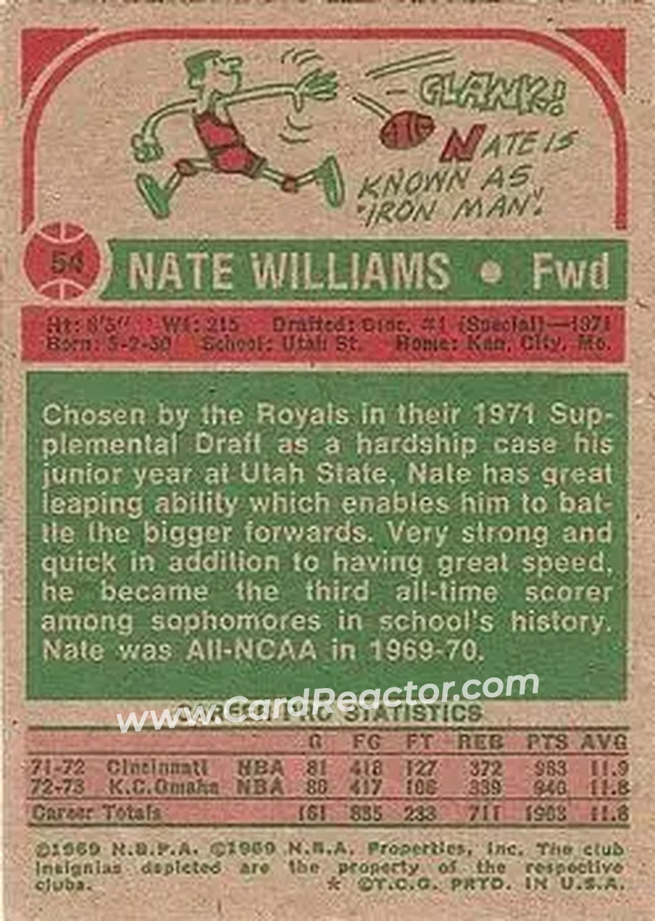 1973-74 Topps #54 - Nate Williams - Kansas City-Omaha Kings - Back