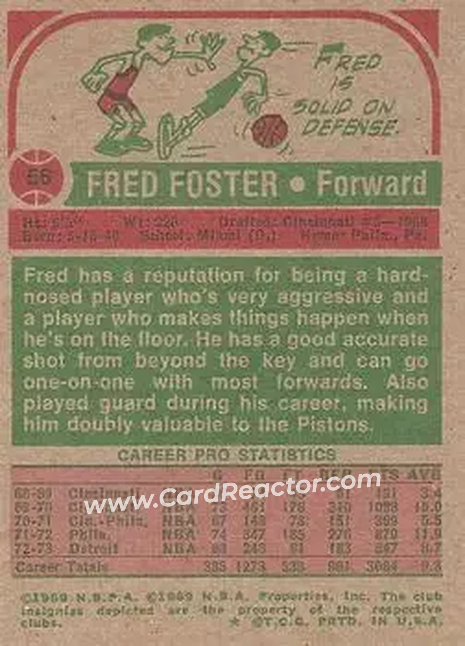 1973-74 Topps #56 - Fred Foster - Detroit Pistons - Back