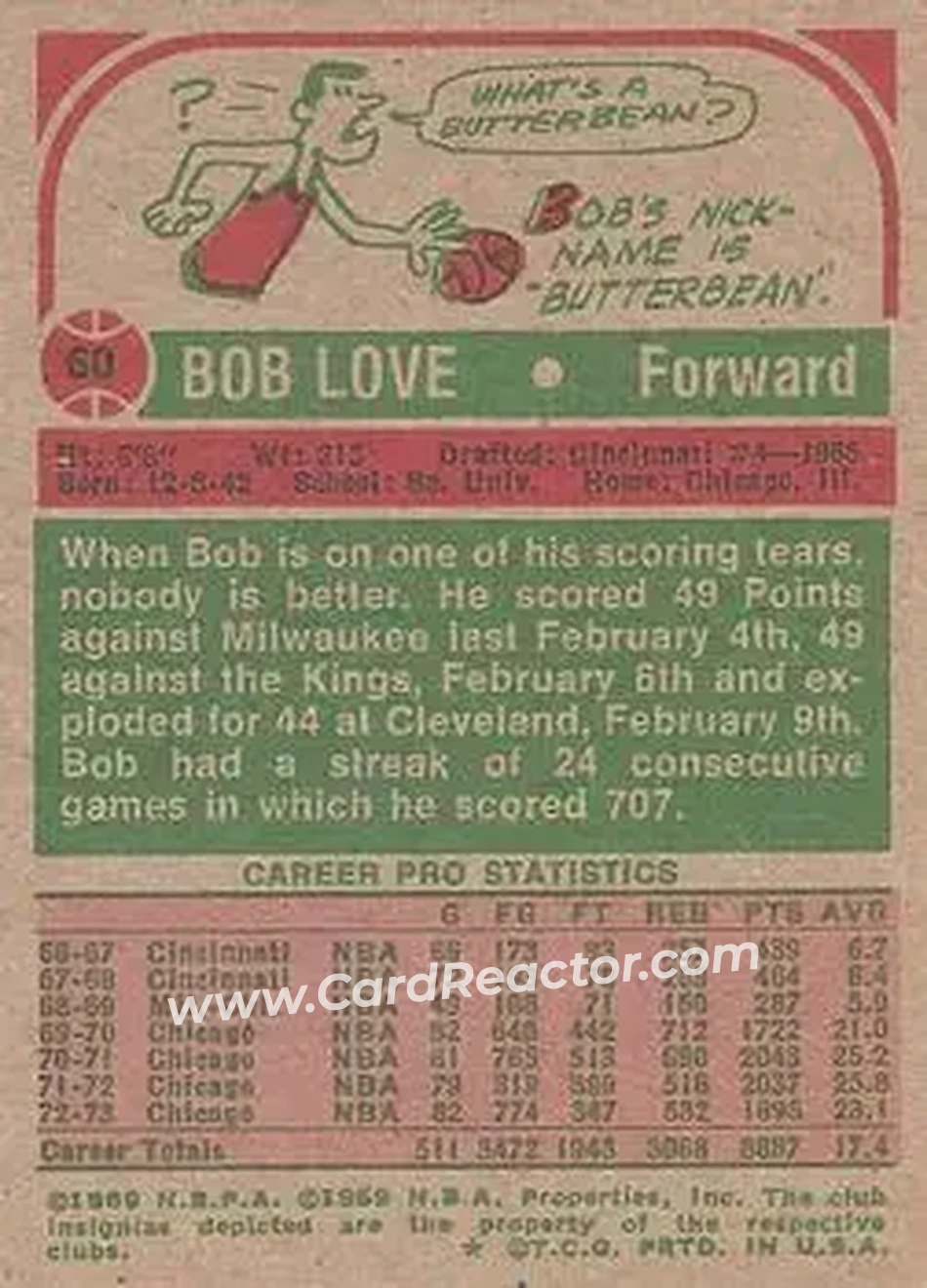 1973-74 Topps #60 - Bob Love - Chicago Bulls - Back