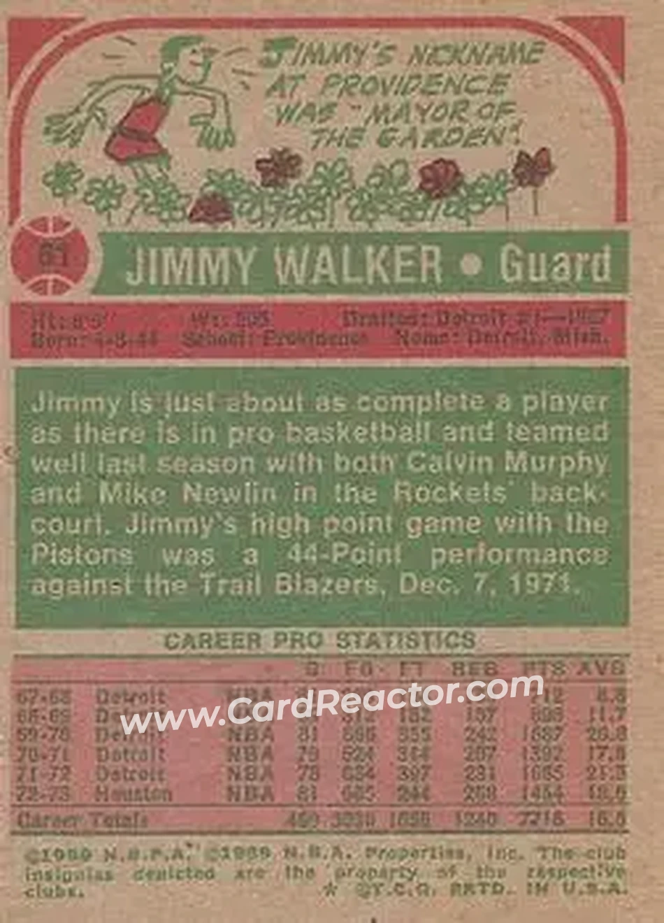 1973-74 Topps #61 - Jimmy Walker - Houston Rockets - Back