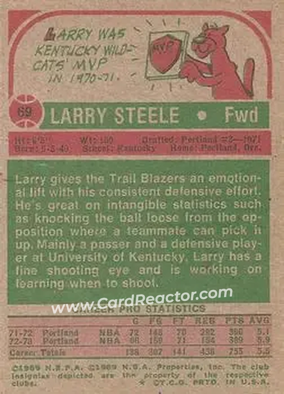 1973-74 Topps #69 - Larry Steele - Portland Trail Blazers - Back