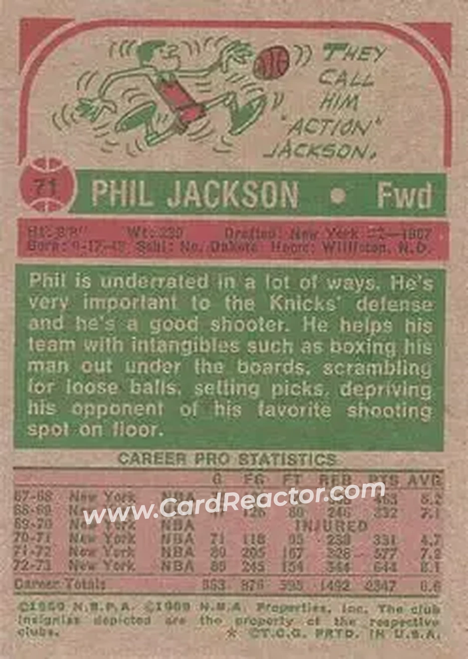 1973-74 Topps #71 - Phil Jackson - New York Knicks - Back