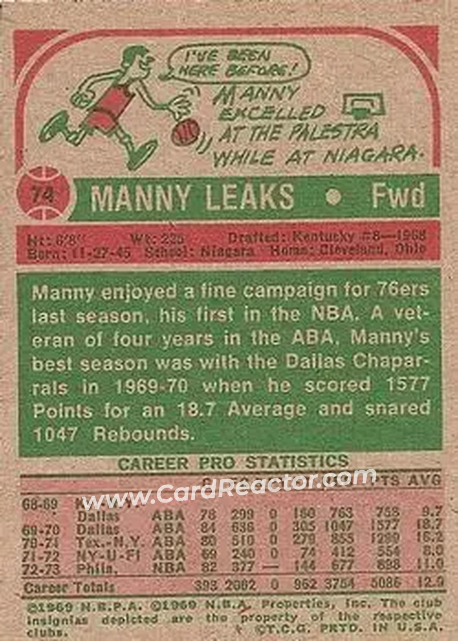 1973-74 Topps #74 - Manny Leaks - Philadelphia 76ers - Back