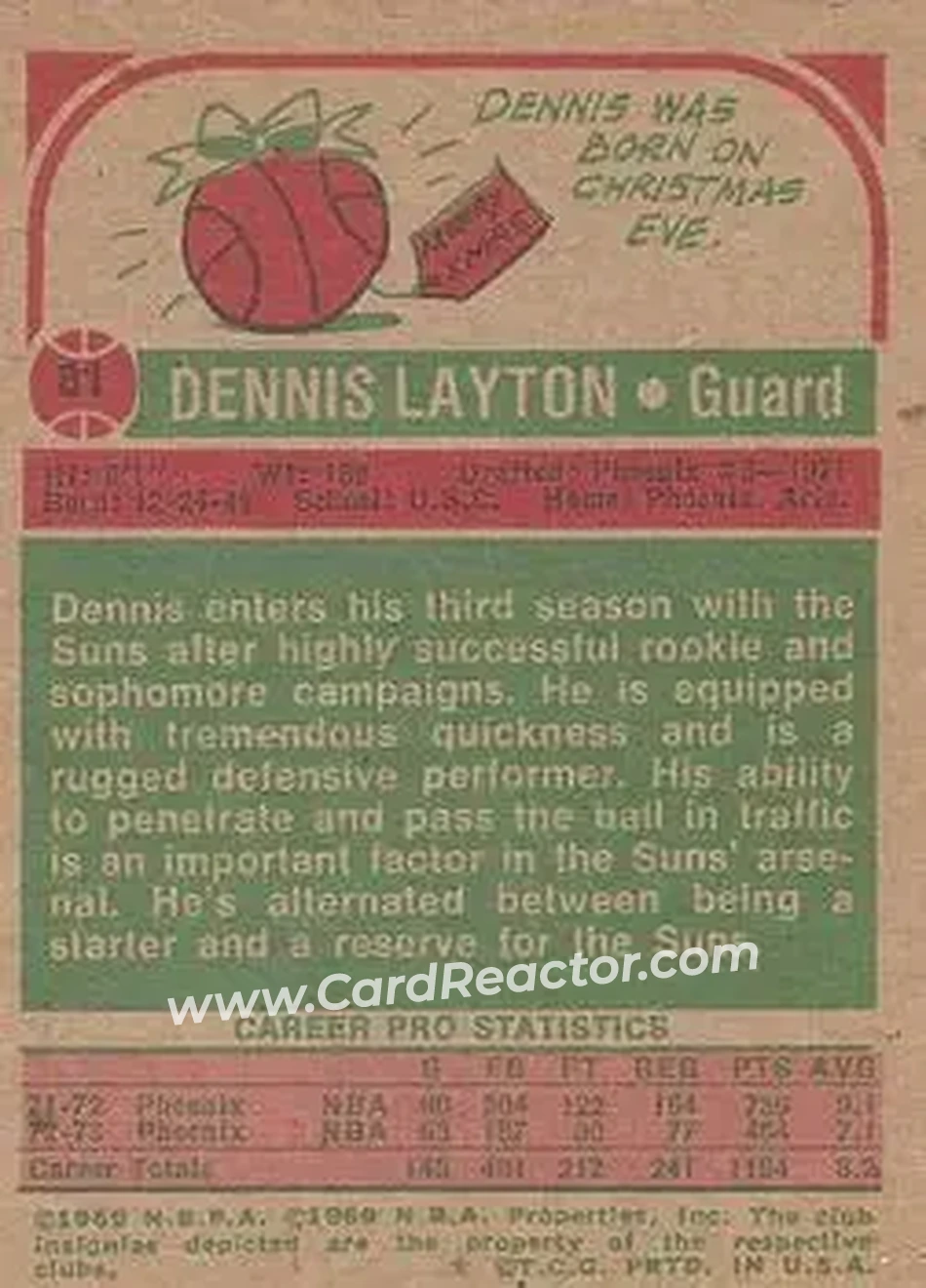 1973-74 Topps #81 - Dennis Layton - Phoenix Suns - Back