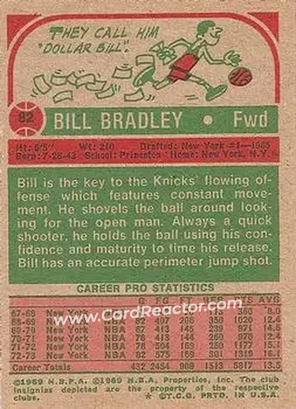 1973-74 Topps #82 - Bill Bradley - New York Knicks - Back