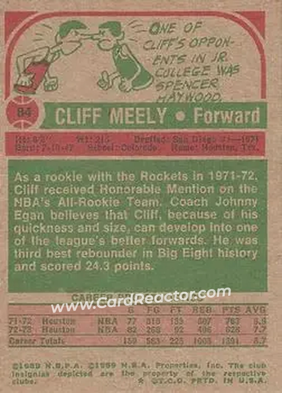 1973-74 Topps #84 - Cliff Meely - Houston Rockets - Back