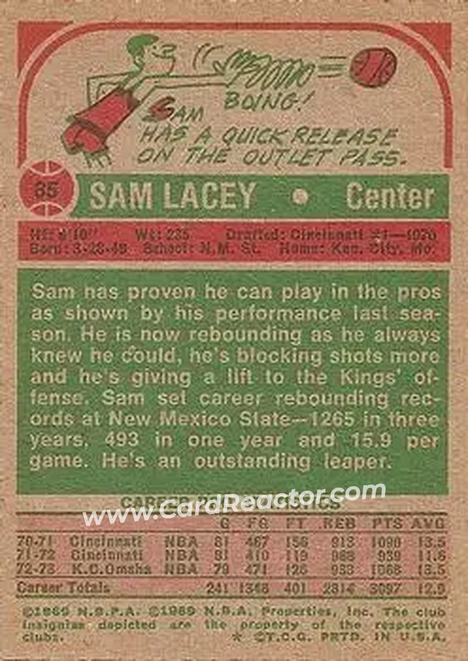 1973-74 Topps #85 - Sam Lacey - Kansas City-Omaha Kings - Back 1973-74 Topps #85 - Sam Lacey - Kansas City-Omaha Kings - Back