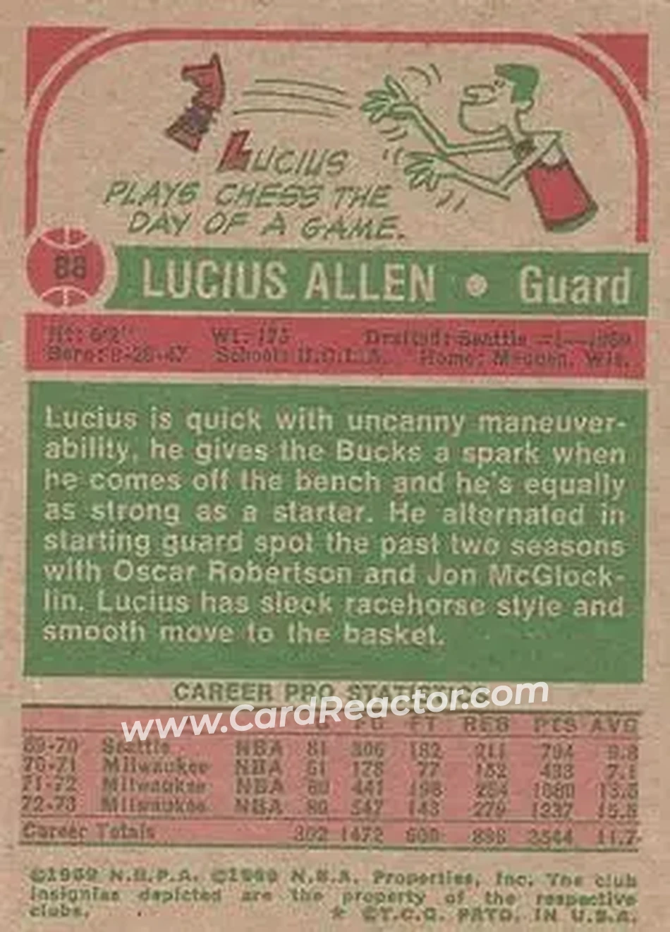1973-74 Topps #88 - Lucius Allen - Milwaukee Bucks - Back