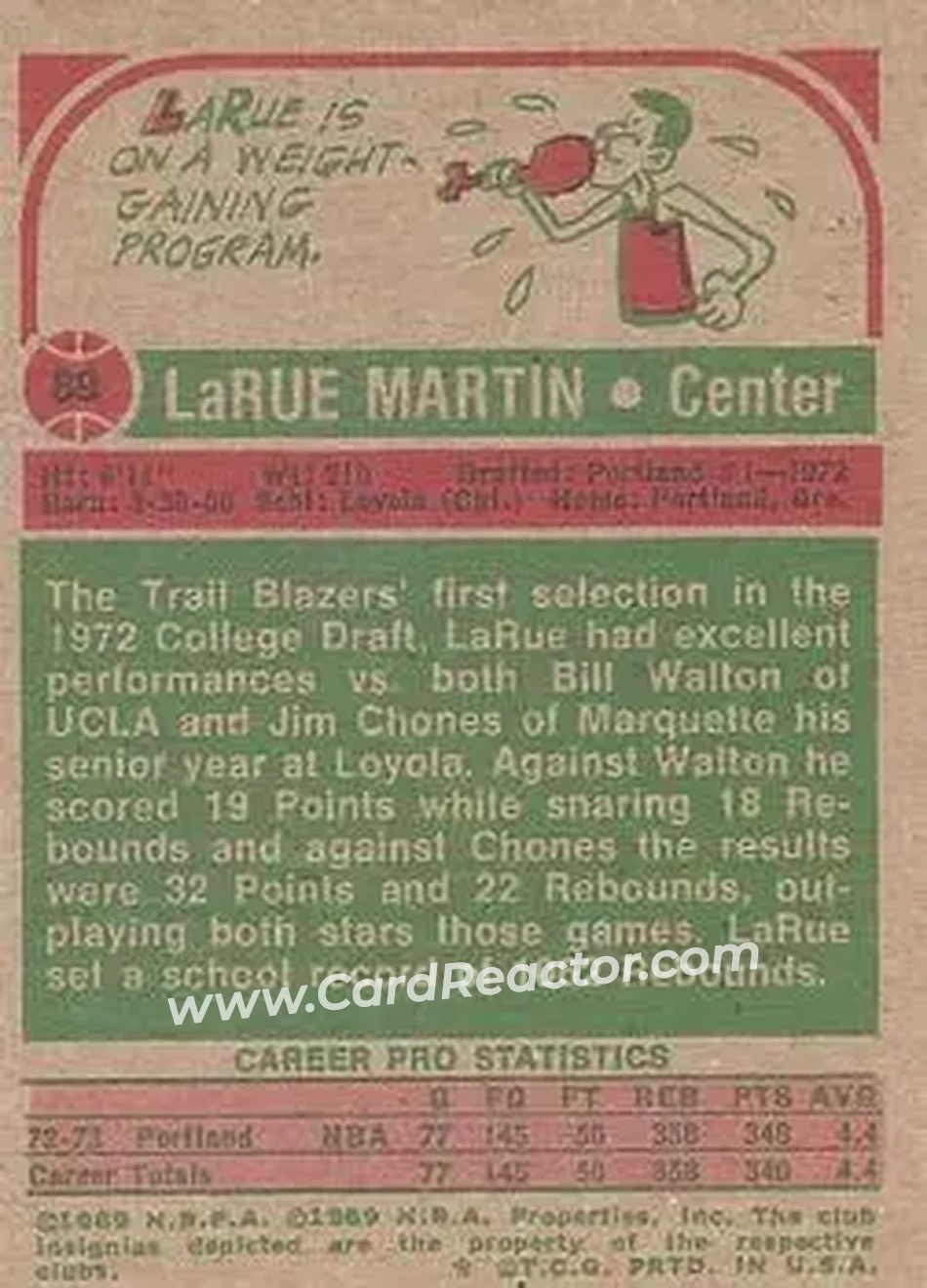 1973-74 Topps #89 - LaRue Martin - Portland Trail Blazers - Back