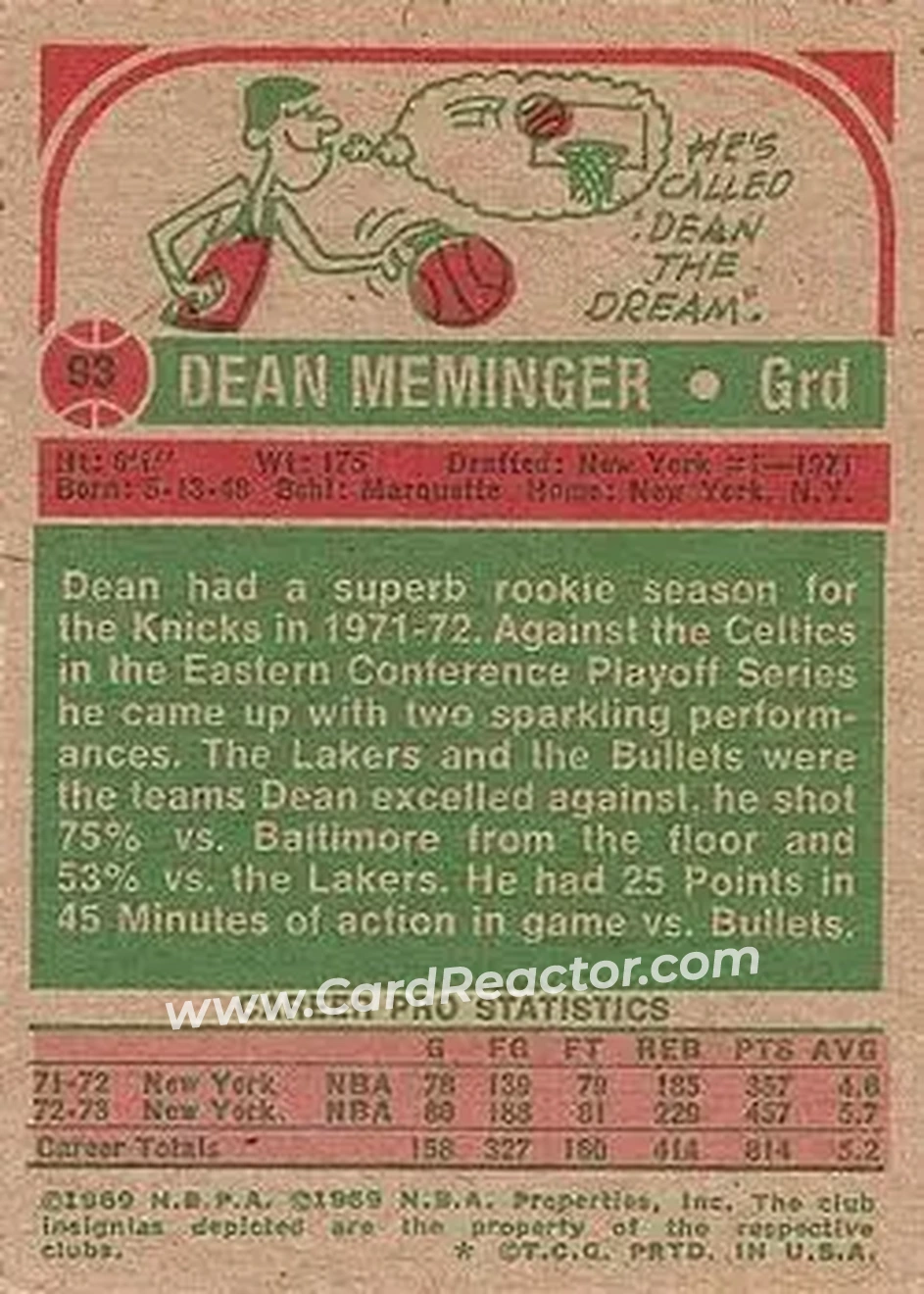 1973-74 Topps #93 - Dean Meminger - New York Knicks - Back