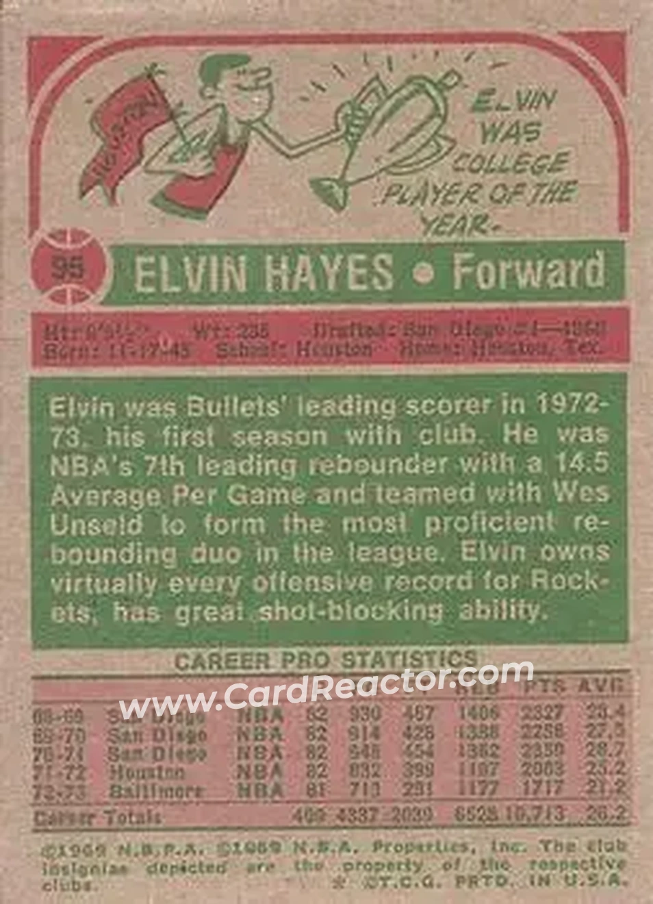 1973-74 Topps #95 - Elvin Hayes - Capital Bullets - Back