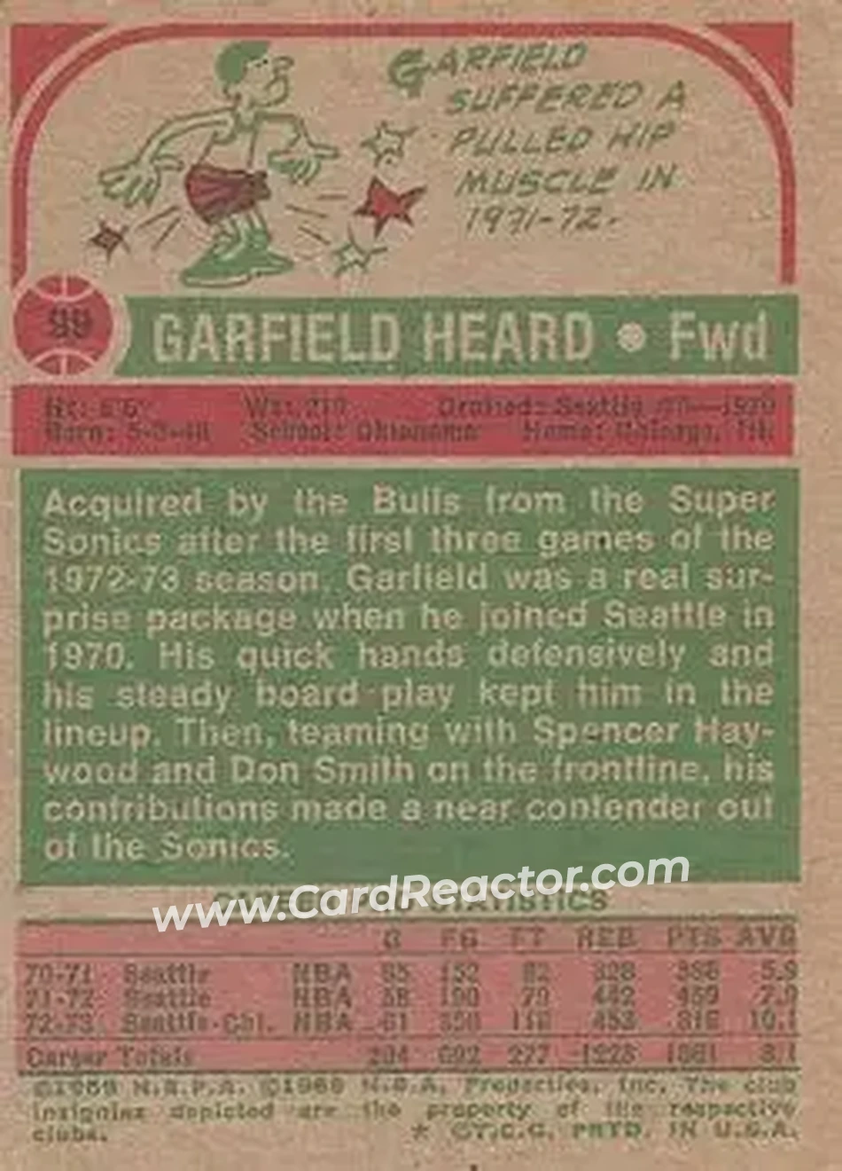 1973-74 Topps #99 - Garfield Heard - Chicago Bulls - Back
