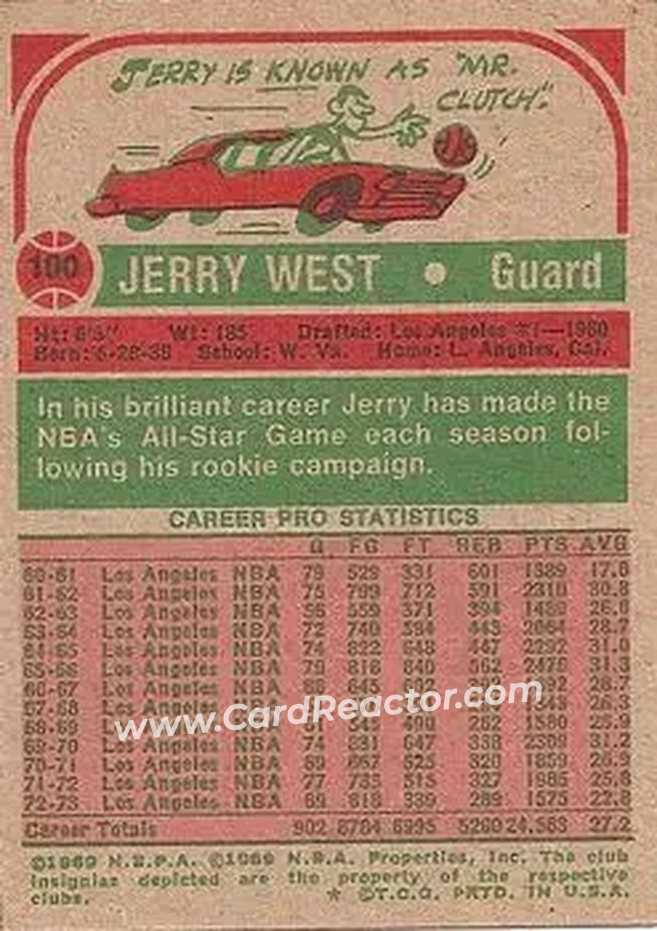 1973-74 Topps #100 - Jerry West - Los Angeles Lakers - Back