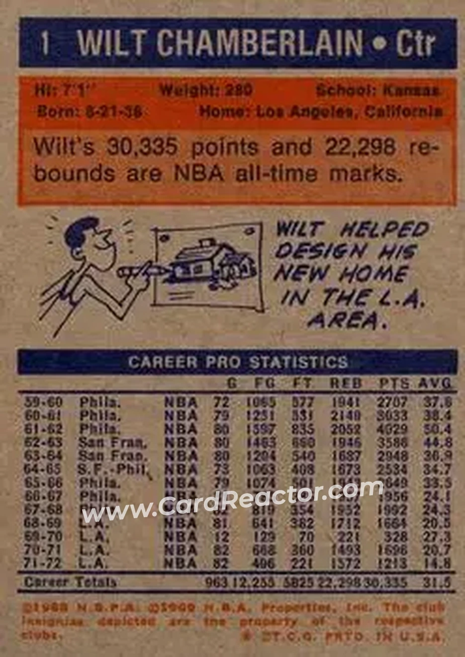 1972-73 Topps #1 - Wilt Chamberlain - Los Angeles Lakers - Back