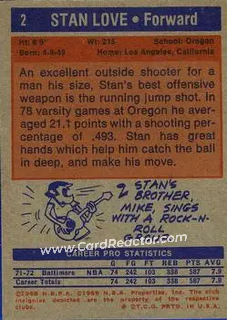 1972-73 Topps #2 - Stan Love - Baltimore Bullets - Back