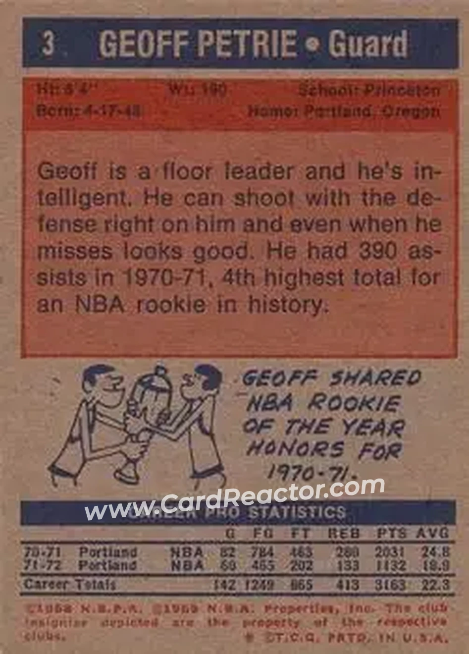 1972-73 Topps #3 - Geoff Petrie - Portland Trail Blazers - Back