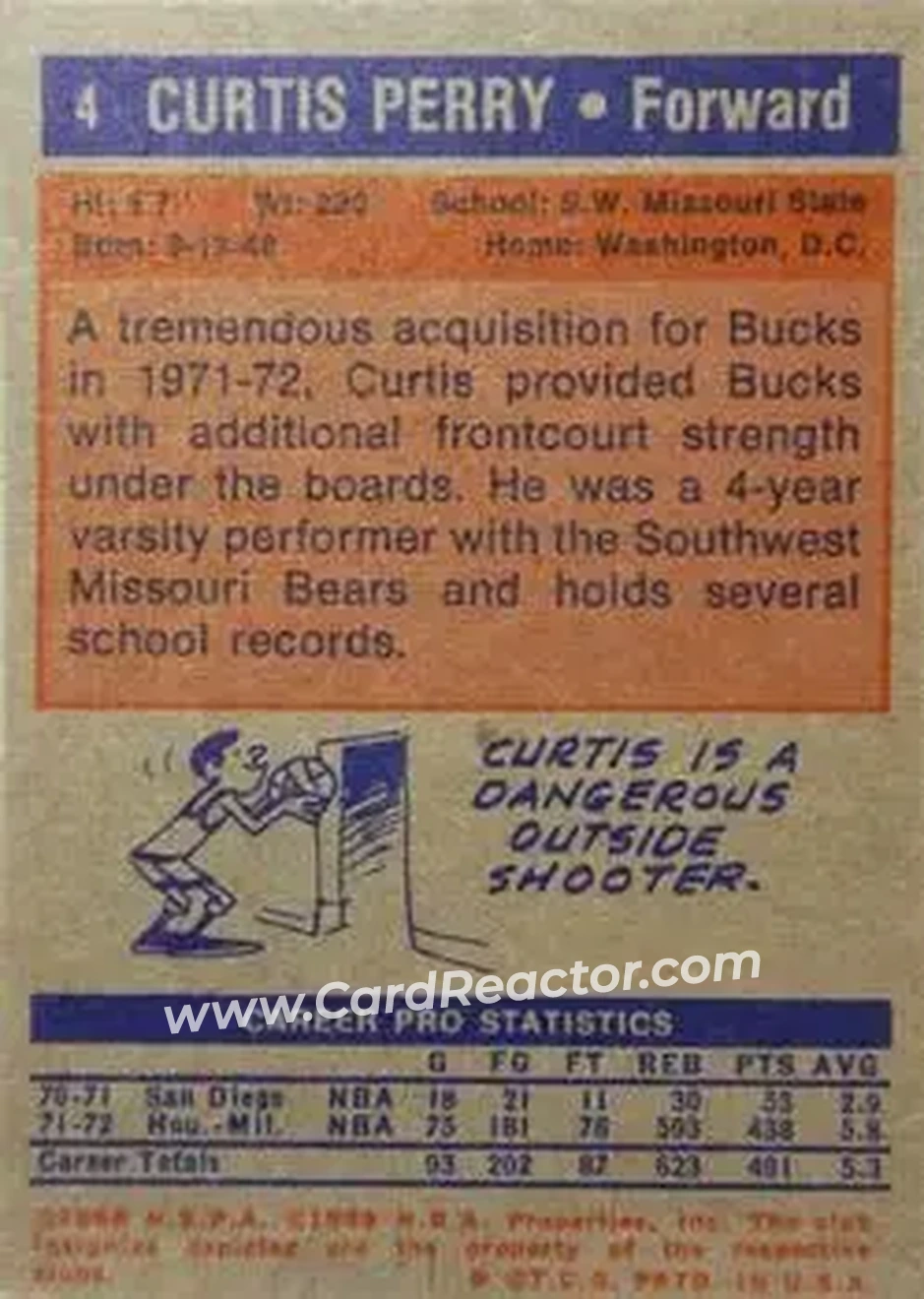 1972-73 Topps #4 - Curtis Perry - Milwaukee Bucks - Back